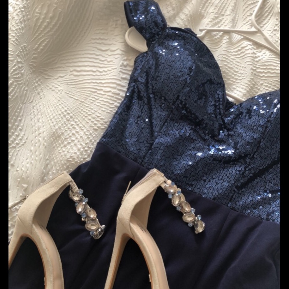 Navy blue sequin off shoulder/sweetheart neck gown